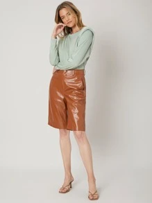 SHEIN Unity Quần short Nút Túi Dây kéo màu trơn Thanh lịch - Rỉ Nâu - Xem 5