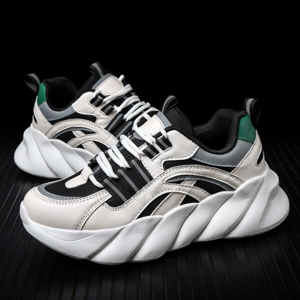 

Colorblock Lace-up Front Chunky Sole Trainers, Black and white