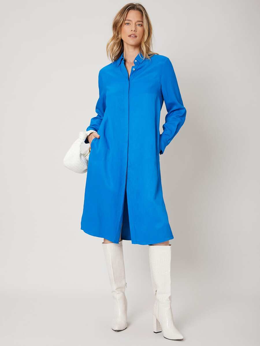 SHEIN Knee Length Shirt Dress - Blue - View 1