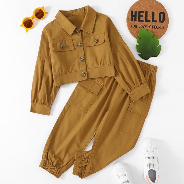 

Toddler Girls Flap Detail Jacket & Flap Pocket Pants, Coffee brown