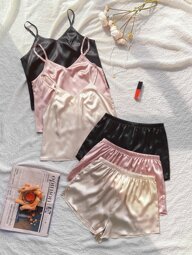 3pcs Women Solid Color Camisole And Shorts Pajama Set