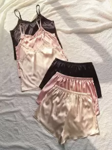 SilkySpell 3pcs Women Solid Color Camisole And Shorts Pajama Set - Multicolor - View 2