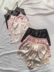SilkySpell 3pcs Women Solid Color Camisole And Shorts Pajama Set - Multicolor - View 4