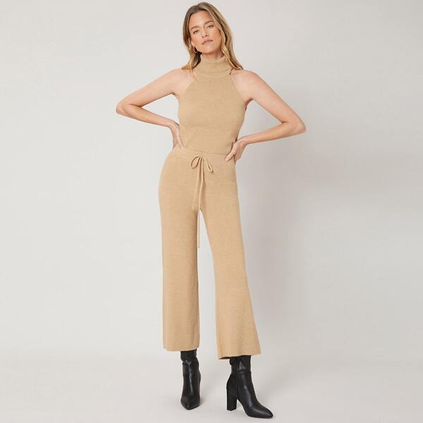 

HIGH NECK KNIT TOP & PANTS SET, Khaki