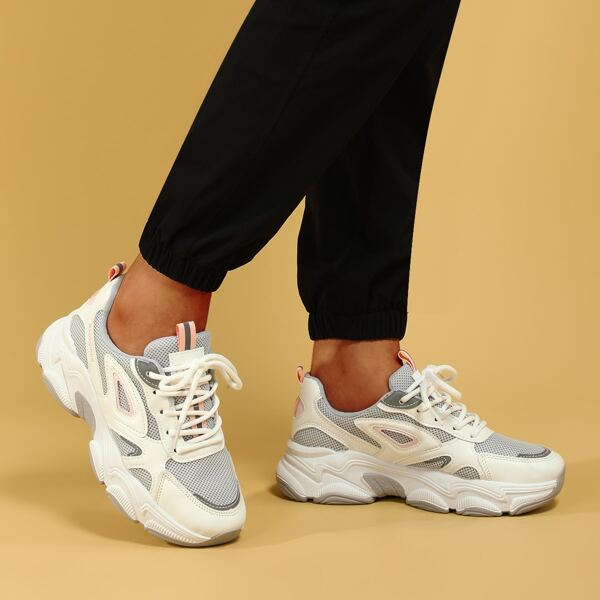 

Mesh Panel Lace-up Front Chunky Sole Trainers, Grey