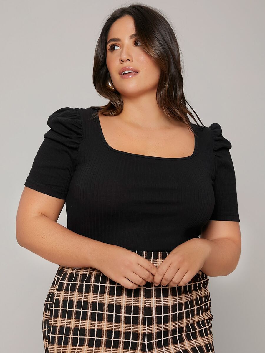 Firerie Plus Ribbed Knit Scoop Neck Puff Sleeve Tee - Black - View 1