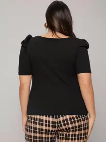 Firerie Plus Ribbed Knit Scoop Neck Puff Sleeve Tee - Black - View 2