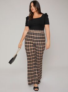 Firerie Plus Ribbed Knit Scoop Neck Puff Sleeve Tee - Black - View 3