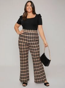 Firerie Plus Ribbed Knit Scoop Neck Puff Sleeve Tee - Black - View 4