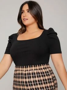 Firerie Plus Ribbed Knit Scoop Neck Puff Sleeve Tee - Black - View 5