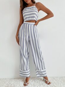 Conjunto Top de tirantes de espalda abierta con cordón de rayas & Pantalones palazzo - Blanco - Ver 1