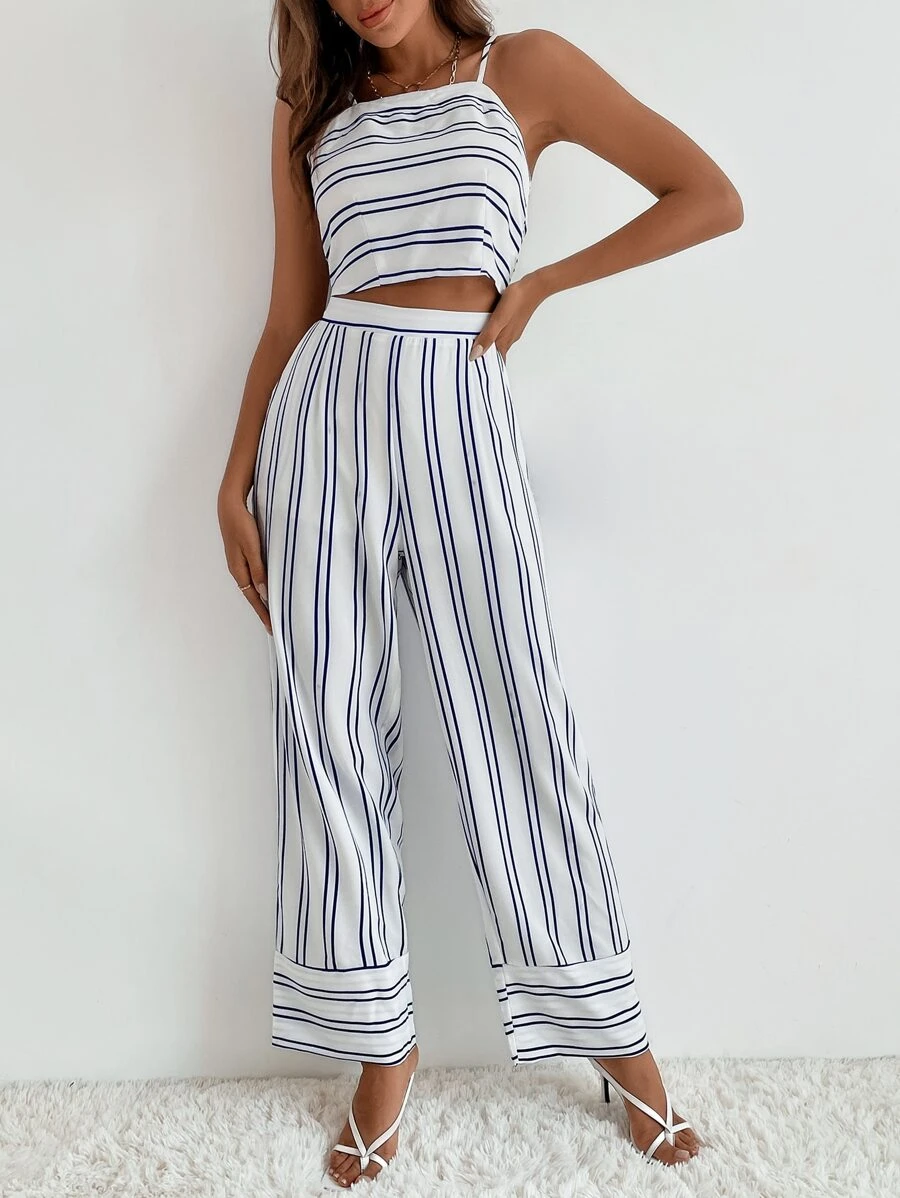 Conjunto Top de tirantes de espalda abierta con cordón de rayas & Pantalones palazzo - Blanco - Ver 1