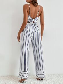 Conjunto Top de tirantes de espalda abierta con cordón de rayas & Pantalones palazzo - Blanco - Ver 2