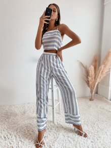 Conjunto Top de tirantes de espalda abierta con cordón de rayas & Pantalones palazzo - Blanco - Ver 3