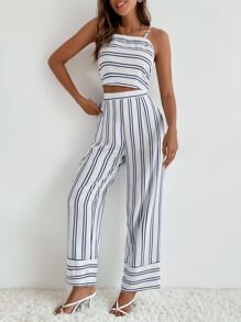 Conjunto Top de tirantes de espalda abierta con cordón de rayas & Pantalones palazzo - Blanco - Ver 4