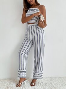 Conjunto Top de tirantes de espalda abierta con cordón de rayas & Pantalones palazzo - Blanco - Ver 5