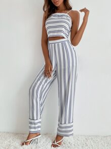 Conjunto Top de tirantes de espalda abierta con cordón de rayas & Pantalones palazzo - Blanco - Ver 6
