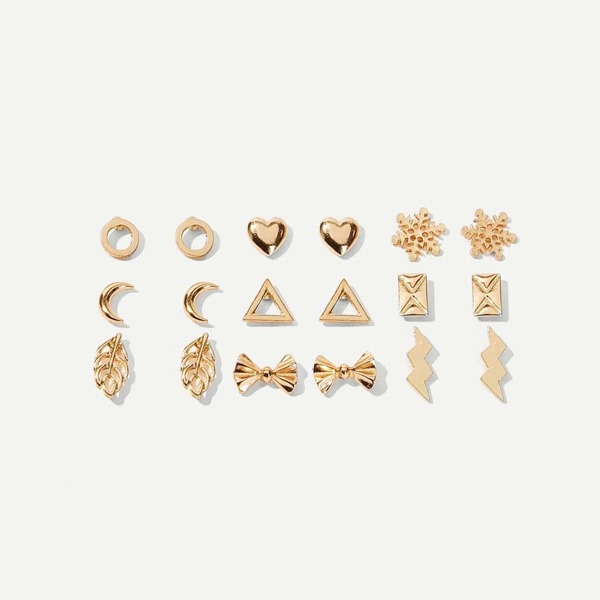 

9pairs Heart & Bow Decor Stud Earrings, Gold
