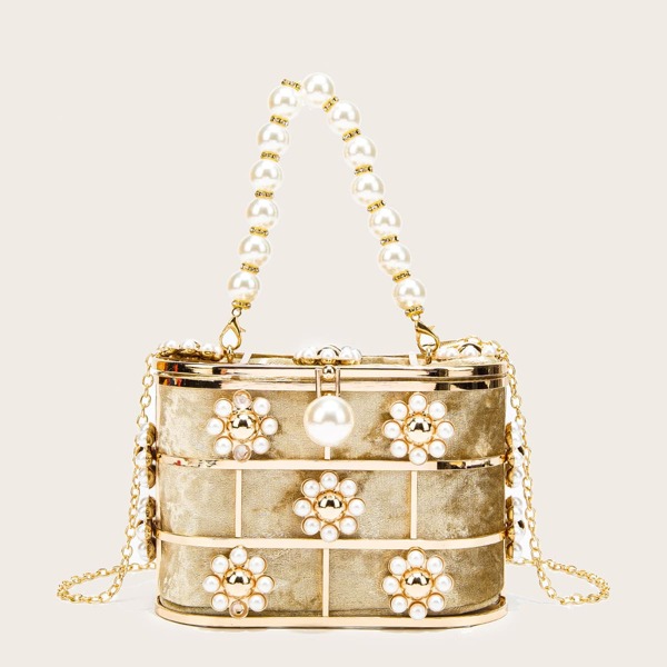 

Floral & Pearl Decor Bucket Bag, Gold