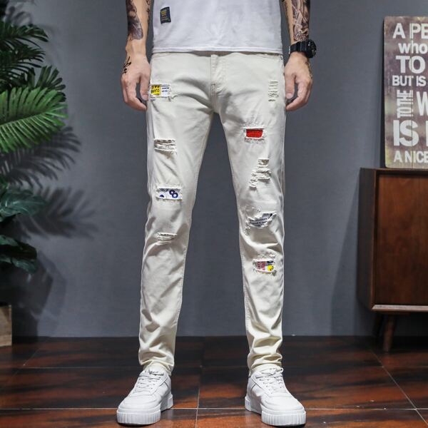 

Men Ripped Letter Patched Jeans, Beige