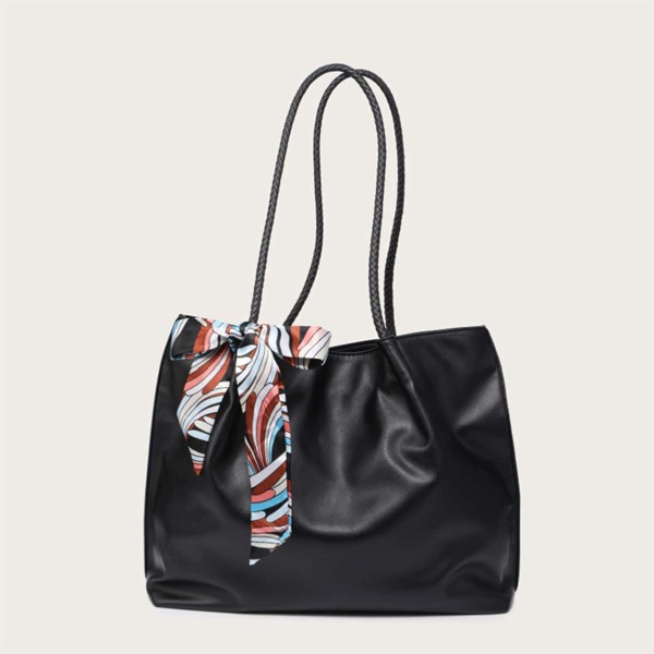 

Scarf Bow Decor Ruched Design Tote Bag, Black