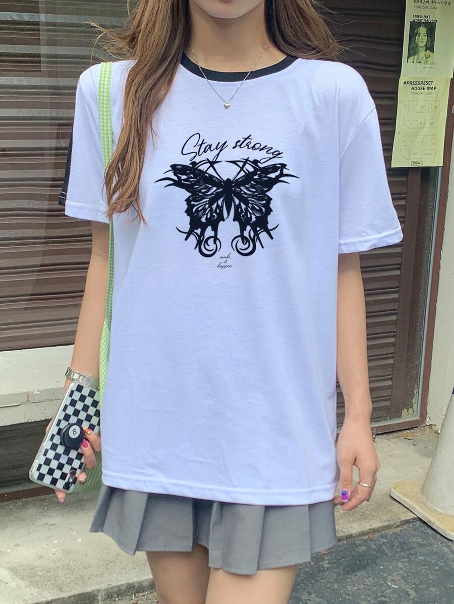 Contrast Panel Butterfly & Letter Graphic Tee - White - View 1