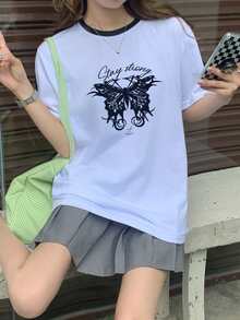 Contrast Panel Butterfly & Letter Graphic Tee - White - View 3