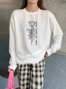 花和標語圖案落肩袖運動衫 - 白色 - 查看 1