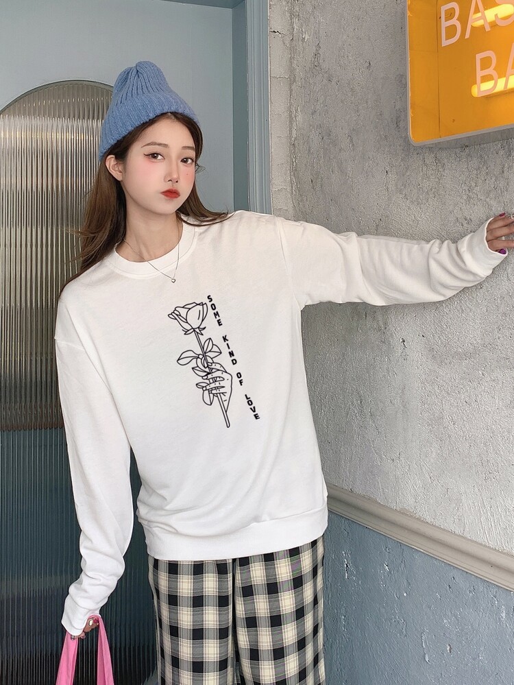 Sweatshirt Bahu Longgar dengan Motif Bunga dan Slogan - Putih - View 3