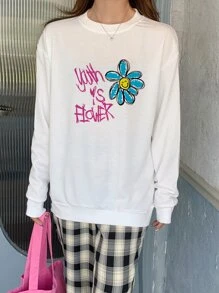 花和標語圖案落肩袖套頭衫 - 白色 - 查看 1