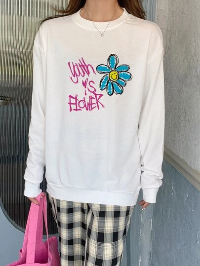 花和標語圖案落肩袖套頭衫