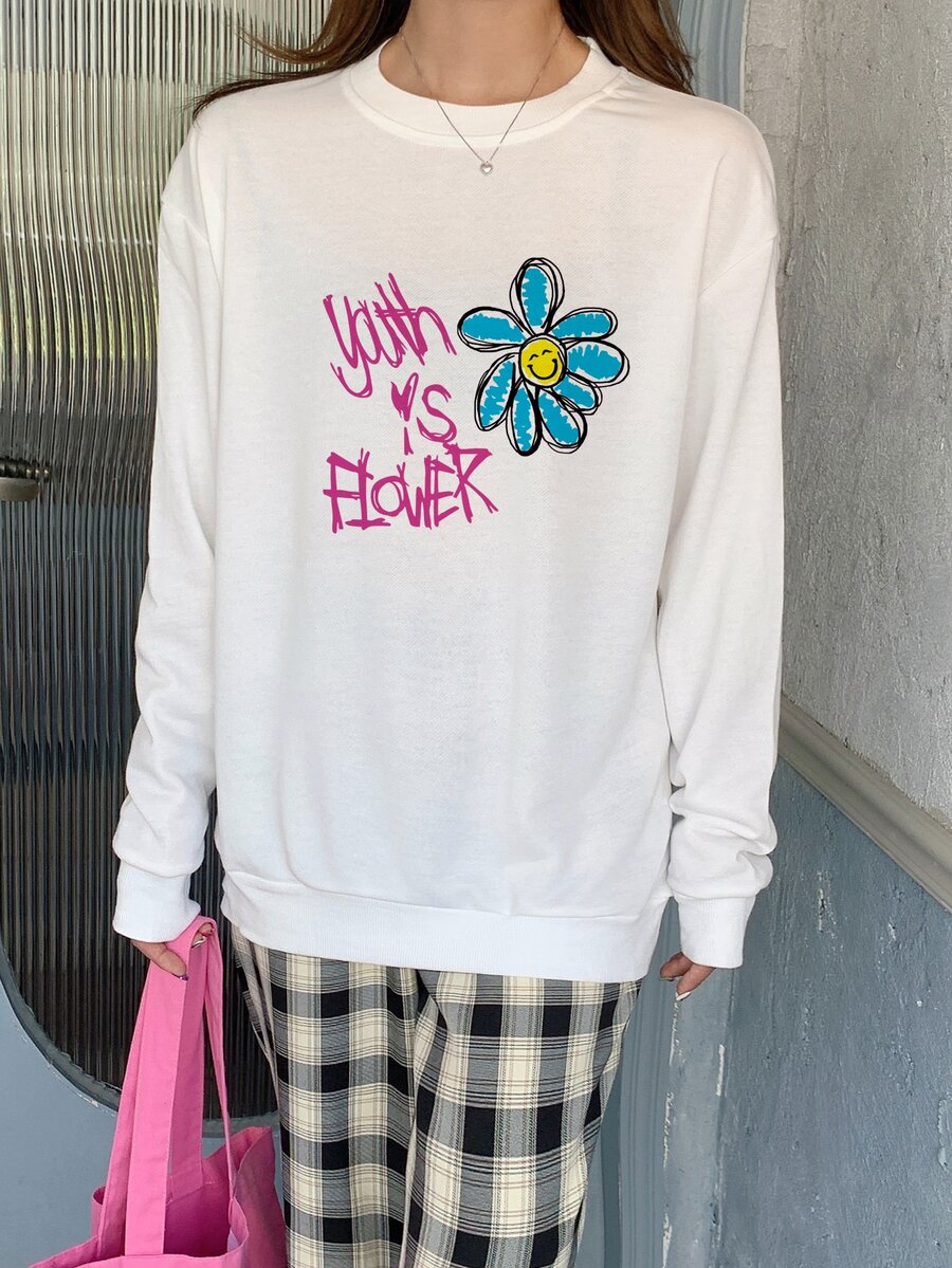 花和標語圖案落肩袖套頭衫 - 白色 - 查看 1