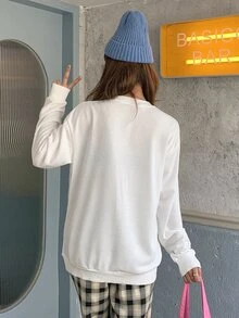 花和標語圖案落肩袖套頭衫 - 白色 - 查看 2