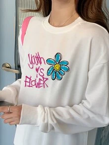 花和標語圖案落肩袖套頭衫 - 白色 - 查看 3