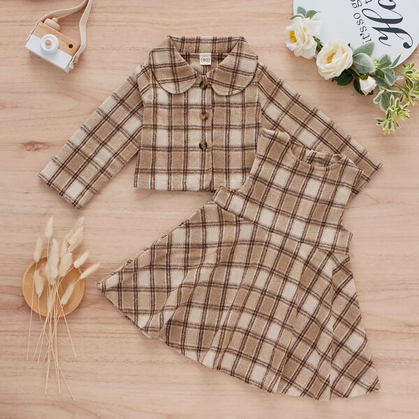 

Toddler Girls Plaid Wool-Mix Fabric Dress With Peter Pan Collar Overcoat, Khaki