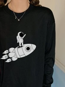 Pullover dengan Desain Kartun Pesawat Luar Angkasa dan Bahu Longgar - Hitam - View 3