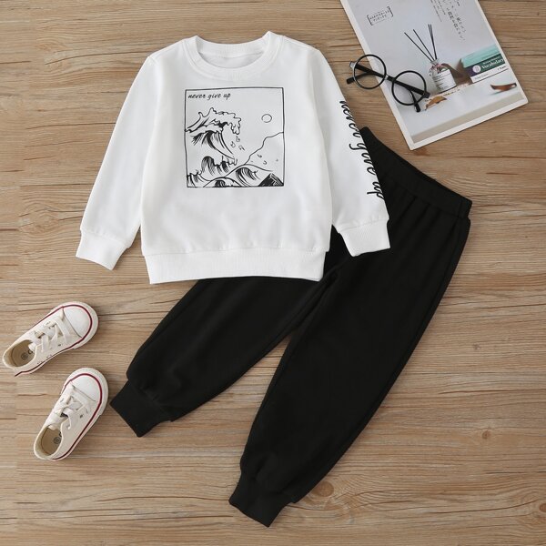 

Toddler Boys Slogan And Wave Print Pullover & Sweatpants, Black and white