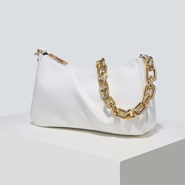 

Ruched Design Chain Baguette Bag, White