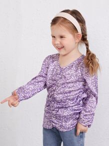 SHEIN Toddler Girls Ditsy Floral Ruched Blouse - Violet Purple - View 1
