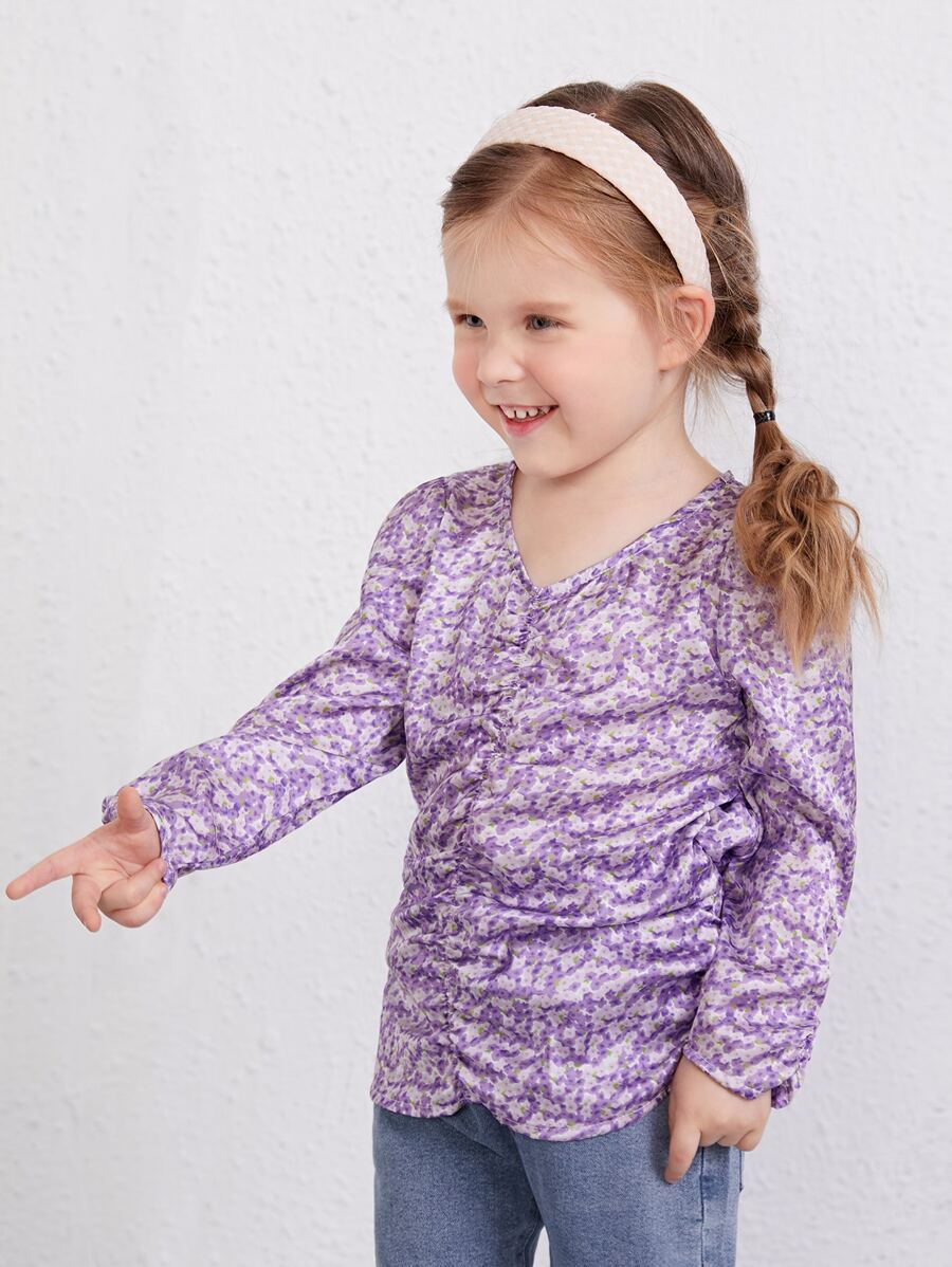 SHEIN Toddler Girls Ditsy Floral Ruched Blouse - Violet Purple - View 1
