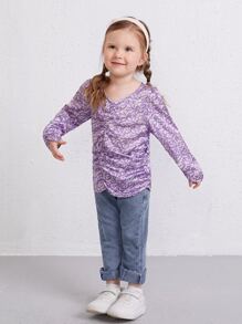 SHEIN Toddler Girls Ditsy Floral Ruched Blouse - Violet Purple - View 3