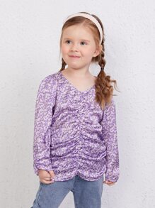 SHEIN Toddler Girls Ditsy Floral Ruched Blouse - Violet Purple - View 4