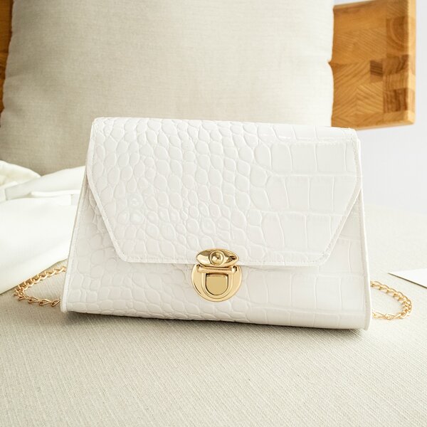 

Croc Embossed Chain Flap Novelty Bag, White