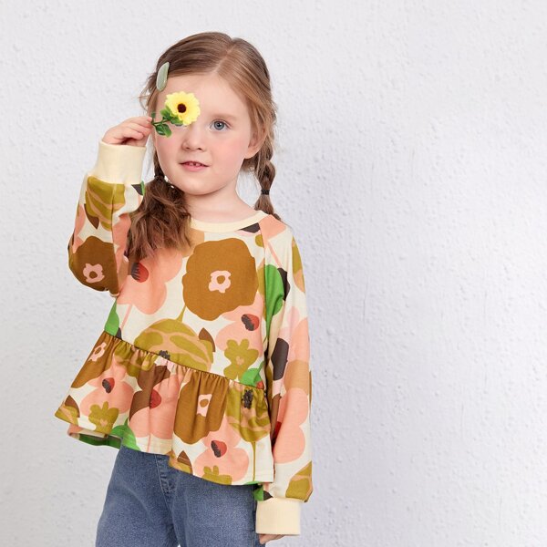 

Toddler Girls Floral Print Ruffle Hem Pullover, Multicolor