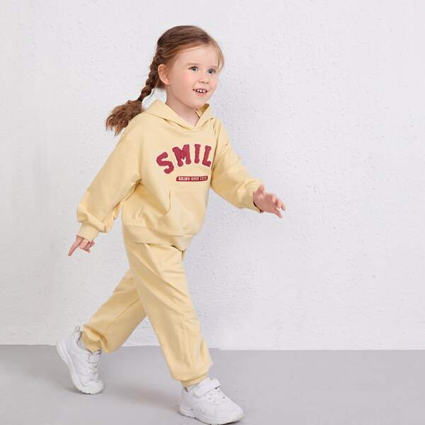 

Toddler Girls Letter Embroidery Hoodie & Sweatpants, Apricot