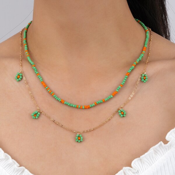 

2pcs Beaded Necklace, Green