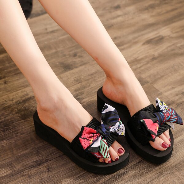 

Colorblock Bow Decor Slides, Black