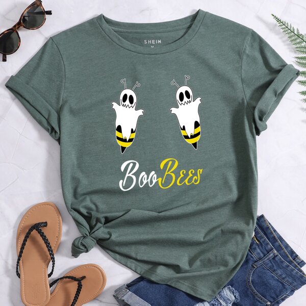 

Cartoon & Letter Graphic Tee, Dark green