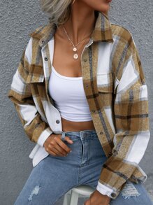 SHEIN LUNE Plaid Flap Pocket Drop Shoulder Jacket - Multicolor - View 1