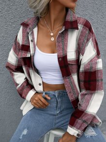 SHEIN LUNE Chaquetón De Hombro Caído De Cuadros Con Bolsillo De Solapa - Multicolor - Ver 1
